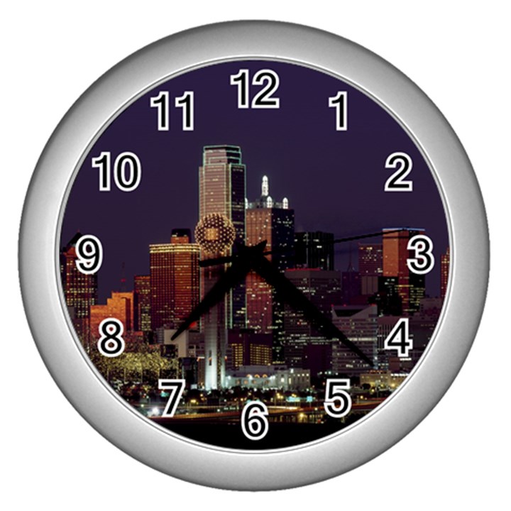 Dallas Skyline At Night Wall Clock (Silver)