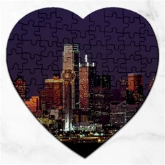 Dallas Skyline At Night Jigsaw Puzzle (heart) by StuffOrSomething