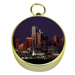 Dallas Skyline At Night Gold Compass by StuffOrSomething