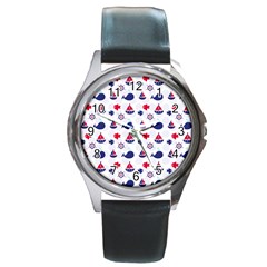 Nautical Sea Pattern Round Leather Watch (silver Rim) by StuffOrSomething