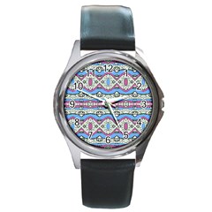 Aztec Style Pattern In Pastel Colors Round Leather Watch (silver Rim) by dflcprints