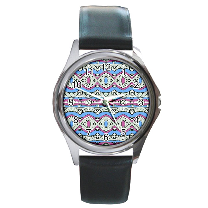 Aztec Style Pattern in Pastel Colors Round Leather Watch (Silver Rim)