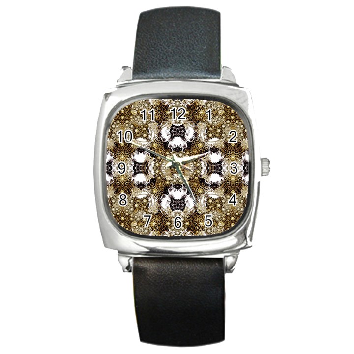 Baroque Ornament Pattern Print Square Leather Watch