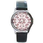 Floral Print Modern Pattern in Red and White Tones Round Leather Watch (Silver Rim) Front