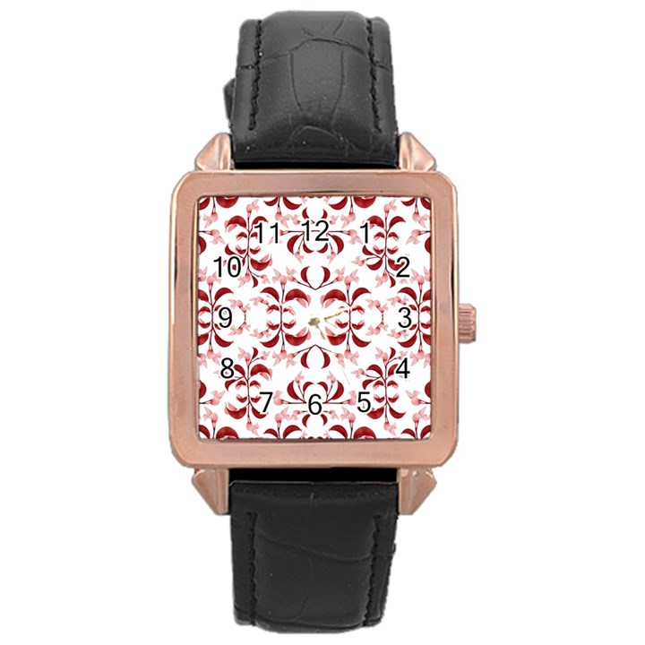 Floral Print Modern Pattern in Red and White Tones Rose Gold Leather Watch 