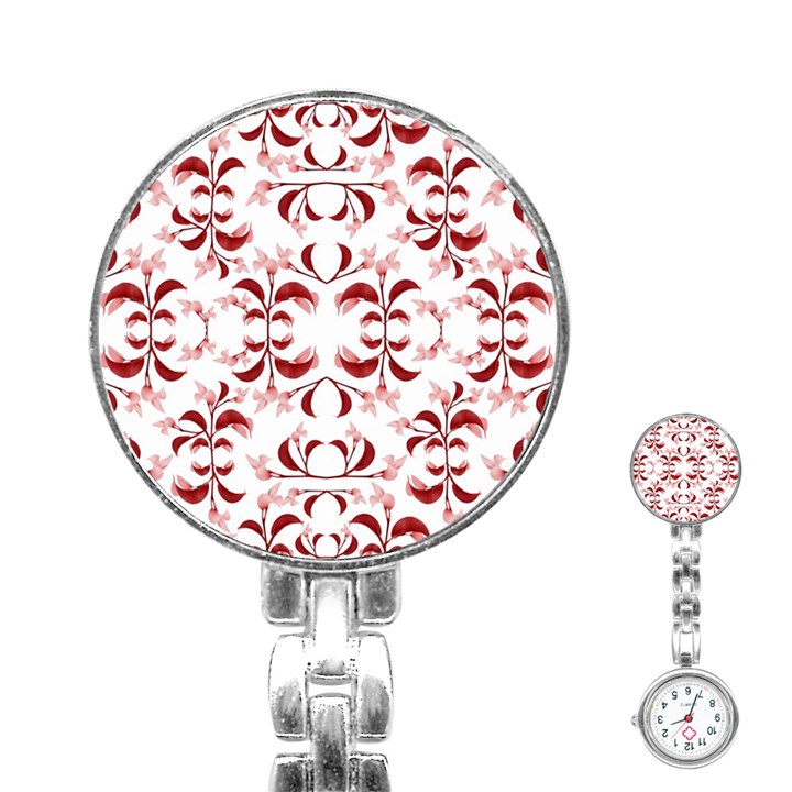 Floral Print Modern Pattern in Red and White Tones Stainless Steel Nurses Watch