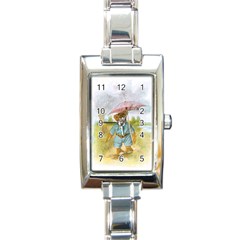 Vintage Drawing: Teddy Bear In The Rain Rectangular Italian Charm Watch by MotherGoose