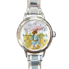 Vintage Drawing: Teddy Bear In The Rain Round Italian Charm Watch