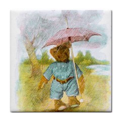 Vintage Drawing: Teddy Bear In The Rain Ceramic Tile