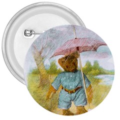 Vintage Drawing: Teddy Bear In The Rain 3  Button