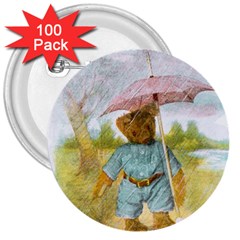 Vintage Drawing: Teddy Bear In The Rain 3  Button (100 Pack)