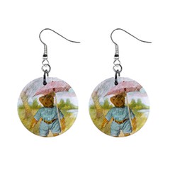 Vintage Drawing: Teddy Bear In The Rain Mini Button Earrings