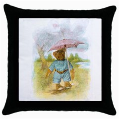 Vintage Drawing: Teddy Bear In The Rain Black Throw Pillow Case