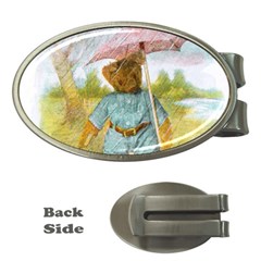 Vintage Drawing: Teddy Bear In The Rain Money Clip (oval) by MotherGoose