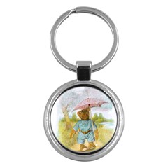 Vintage Drawing: Teddy Bear In The Rain Key Chain (round) by MotherGoose