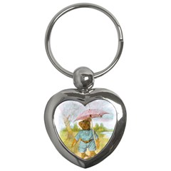 Vintage Drawing: Teddy Bear In The Rain Key Chain (heart)