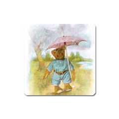 Vintage Drawing: Teddy Bear In The Rain Magnet (square)