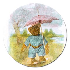 Vintage Drawing: Teddy Bear In The Rain Magnet 5  (round) by MotherGoose