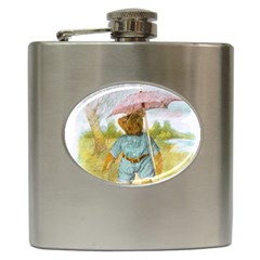 Vintage Drawing: Teddy Bear In The Rain Hip Flask