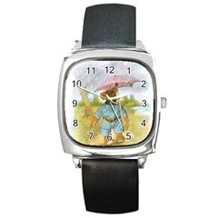 Vintage Drawing: Teddy Bear In The Rain Square Leather Watch