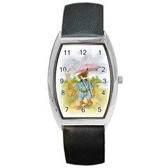 Vintage Drawing: Teddy Bear In The Rain Tonneau Leather Watch