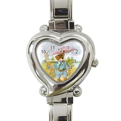 Vintage Drawing: Teddy Bear In The Rain Heart Italian Charm Watch  by MotherGoose