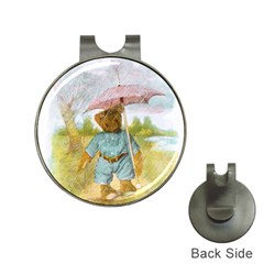 Vintage Drawing: Teddy Bear In The Rain Hat Clip With Golf Ball Marker