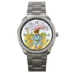 Vintage Drawing: Teddy Bear In The Rain Sport Metal Watch by MotherGoose