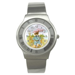 Vintage Drawing: Teddy Bear In The Rain Stainless Steel Watch (slim)