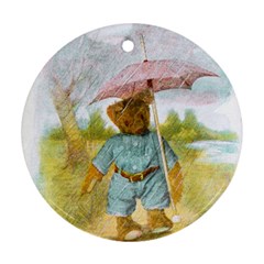 Vintage Drawing: Teddy Bear In The Rain Round Ornament (two Sides) by MotherGoose