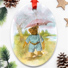 Vintage Drawing: Teddy Bear In The Rain Oval Ornament (two Sides) by MotherGoose