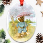 Vintage Drawing: Teddy Bear in the Rain Oval Ornament (Two Sides) Front