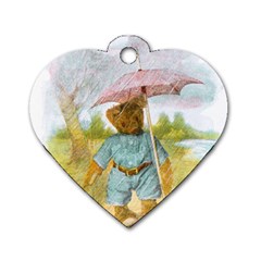 Vintage Drawing: Teddy Bear In The Rain Dog Tag Heart (one Sided)  by MotherGoose