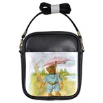 Vintage Drawing: Teddy Bear in the Rain Girl s Sling Bag Front