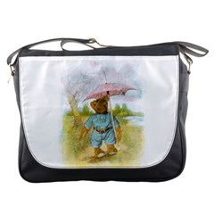 Vintage Drawing: Teddy Bear In The Rain Messenger Bag by MotherGoose