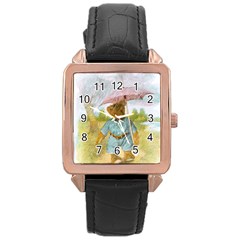 Vintage Drawing: Teddy Bear In The Rain Rose Gold Leather Watch  by MotherGoose