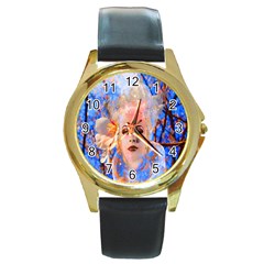 Magic Flower Round Leather Watch (gold Rim) 