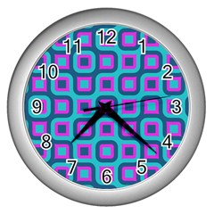 Blue Purple Squares Pattern Wall Clock (silver) by LalyLauraFLM