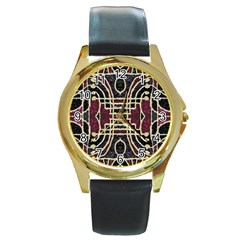 Tribal Style Ornate Grunge Pattern  Round Leather Watch (gold Rim)  by dflcprints