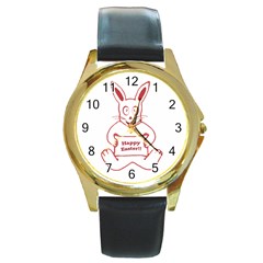 Cute Bunny With Banner Drawing Round Leather Watch (gold Rim)  by dflcprints