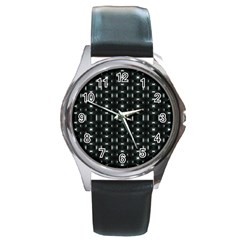 Futuristic Dark Hexagonal Grid Pattern Design Round Leather Watch (silver Rim) by dflcprints