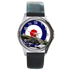 Spitfire And Roundel Round Leather Watch (silver Rim)