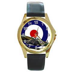 Spitfire And Roundel Round Leather Watch (gold Rim) 