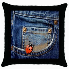 Blue Jean Lady Bug Black Throw Pillow Case