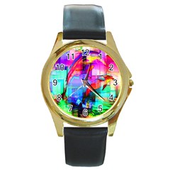 Tim Henderson Dolphins Round Leather Watch (gold Rim) 