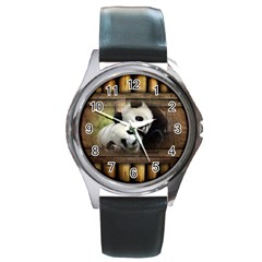 Panda Love Round Leather Watch (silver Rim)