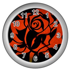 Red Rose Etching On Black Wall Clock (silver)