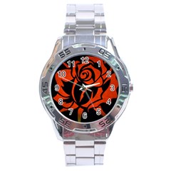 Red Rose Etching On Black Stainless Steel Watch