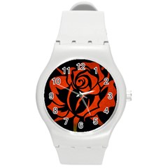 Red Rose Etching On Black Plastic Sport Watch (medium)