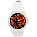 Red Rose Etching On Black Plastic Sport Watch (Medium) Front